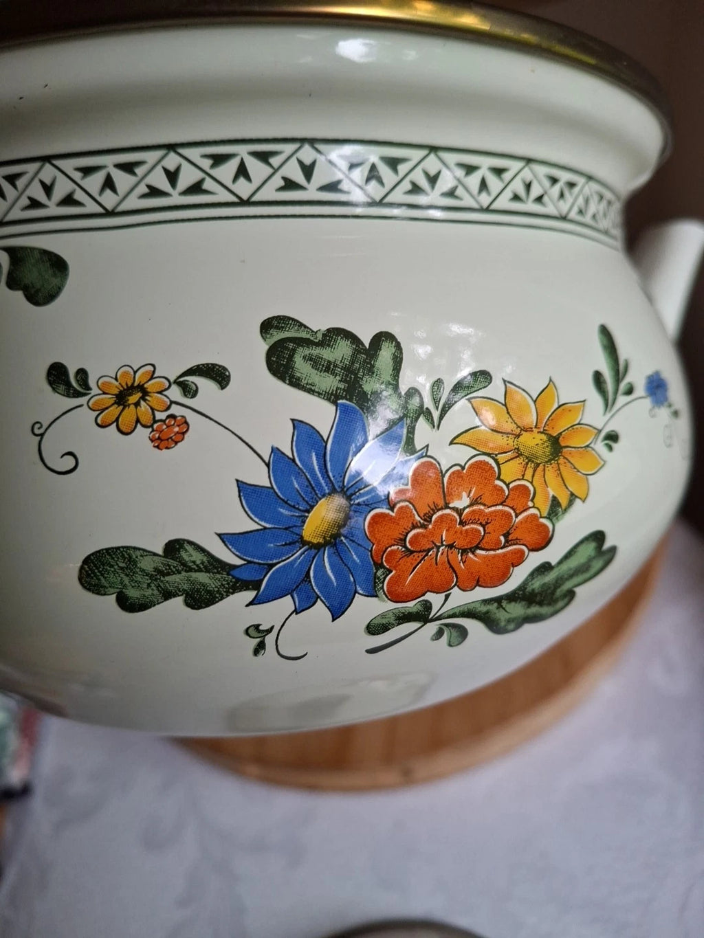 Vtg Enamel Ware Floral Teapot Kettle With Wooden Handle Normandy | eBay