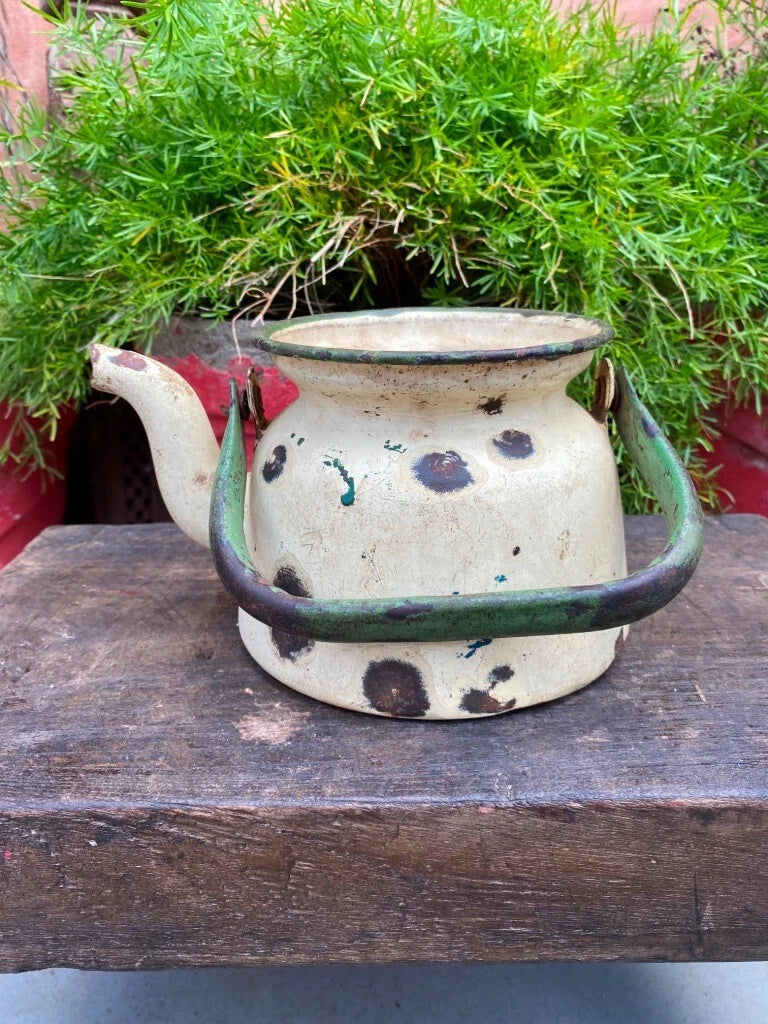 Collectible Old Cream Green Rustic Enamel Porcelain Teapot Tea Kettle | eBay