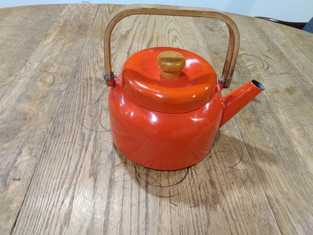 Vintage RED enamel ware Tea Pot Kettle Bent Wood Handle Retro, Mid Century | eBay