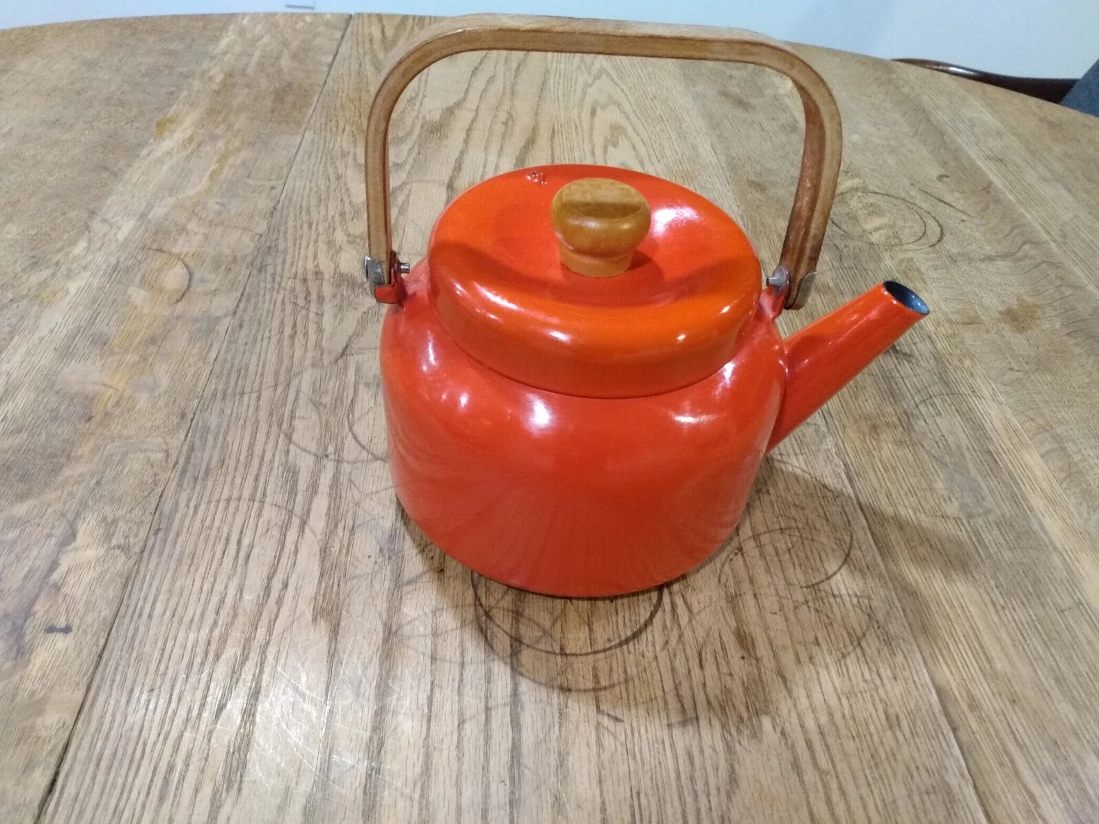 Vintage RED enamel ware Tea Pot Kettle Bent Wood Handle Retro, Mid Century | eBay