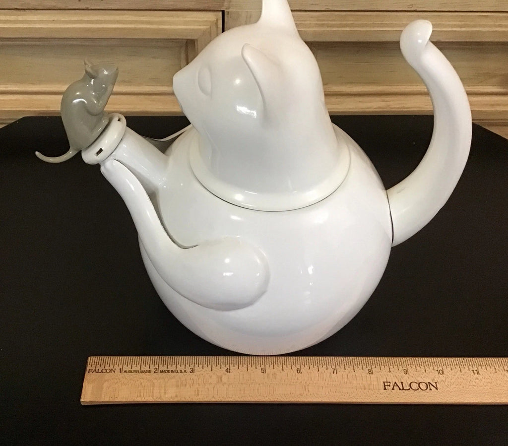 Vintage Retro Copco White Cat And Mouse Whistling Enamel Teapot Kettle EUC | eBay