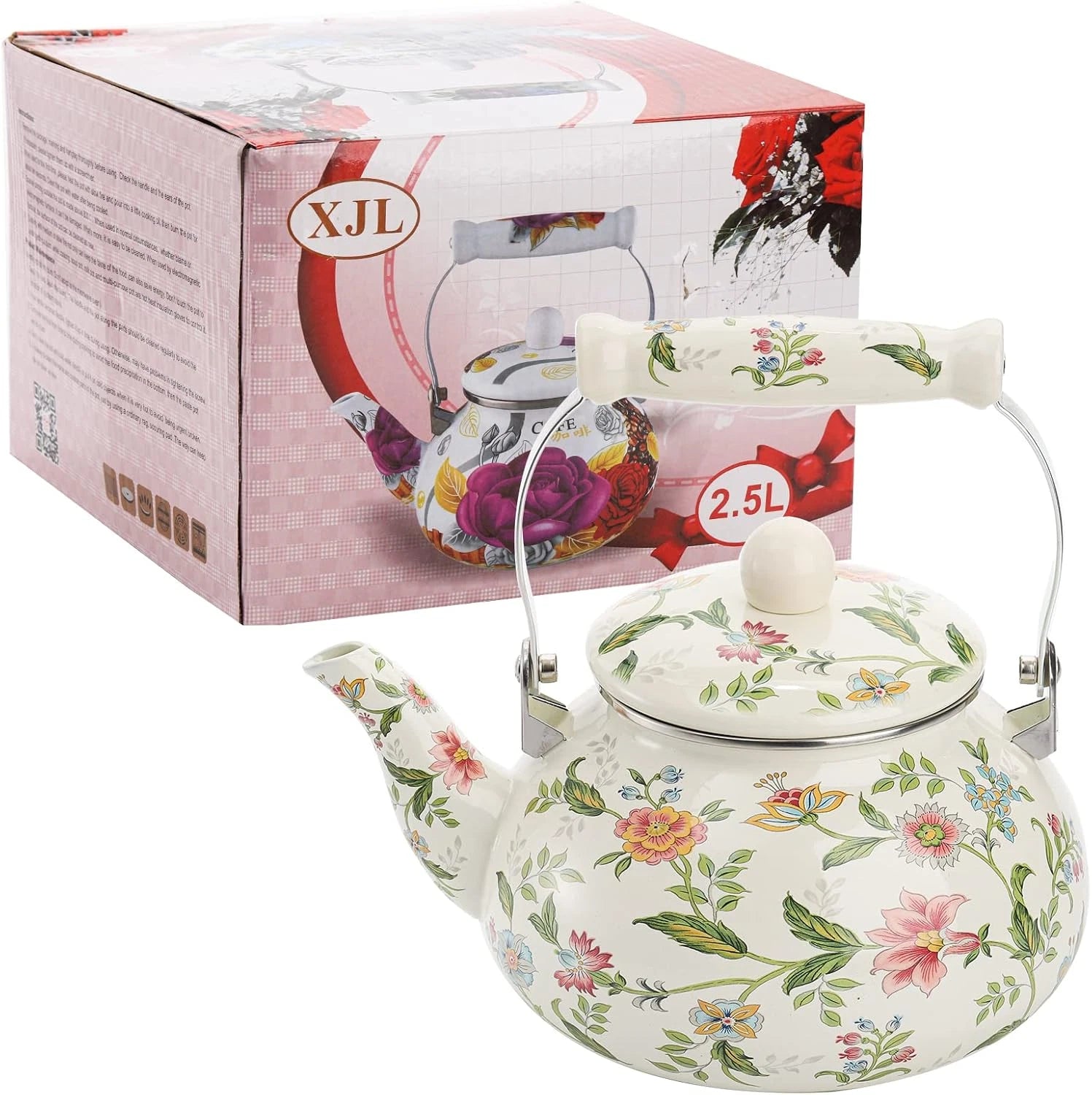 2.6 Quart Vintage Enamel Tea Kettle Green Floral Enamel on Steel Teapot with ... | eBay