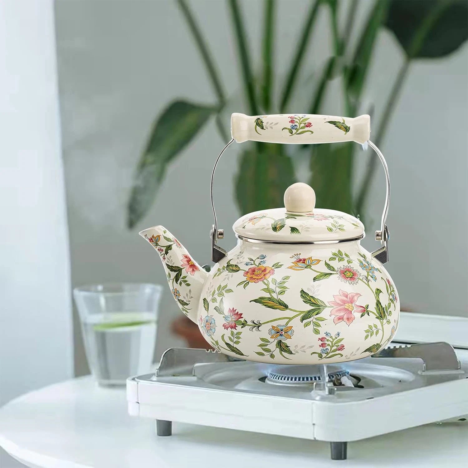 Jucoan 2.6 Quart Vintage Enamel Tea Kettle, Green Floral Enamel on Steel Teapot | eBay