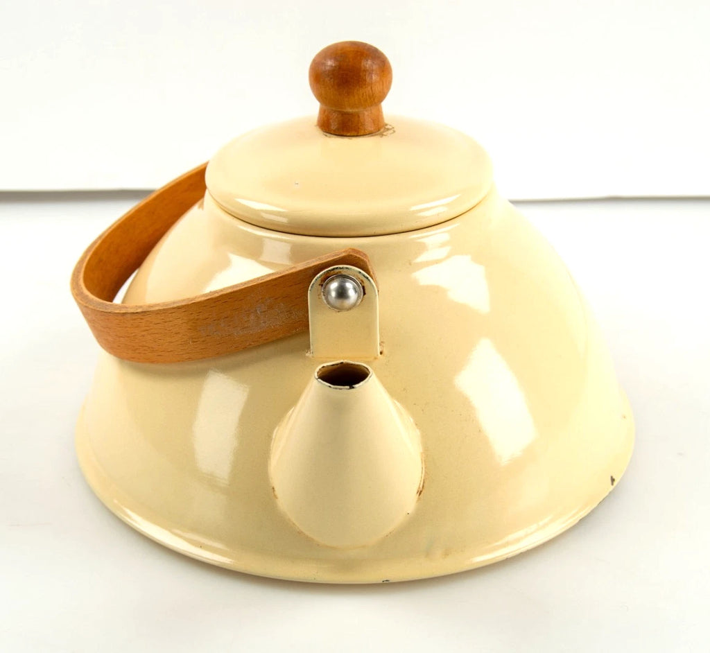 Vintage Cream Enamel Kettle Zen Teapot Wood Handle | eBay