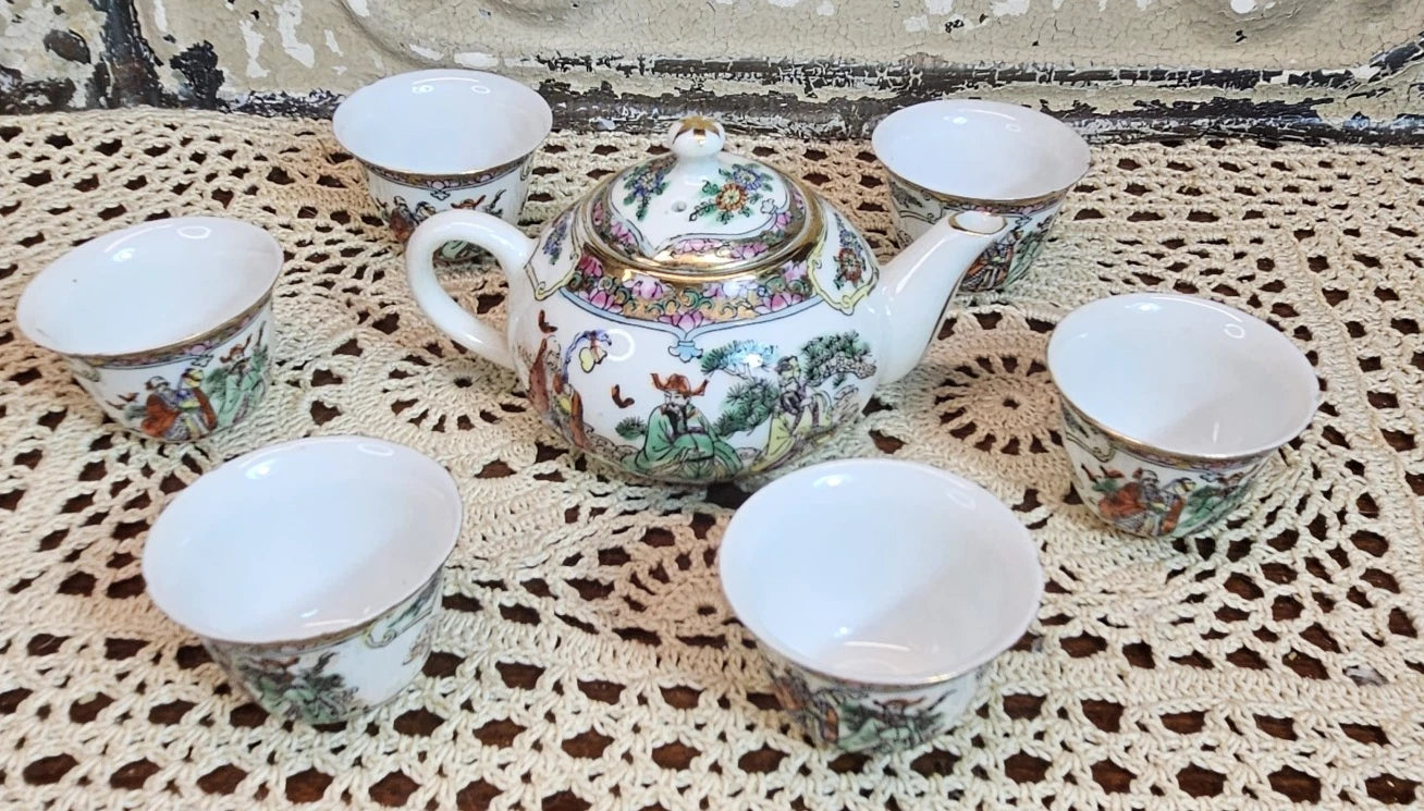 8 Piece Vintage Miniature Enamel on Porcelain Asian Teapot & Tea Cups | eBay