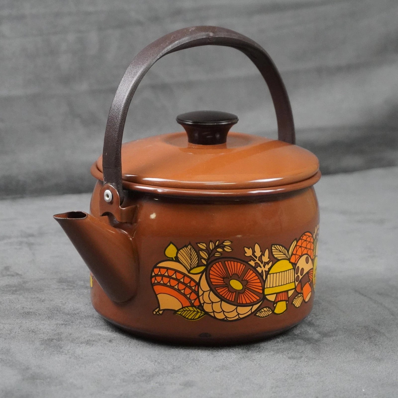 Vintage Brown Enamel Teapot Mushroom Floral Design Metal Handle Retro Kettle 70s | eBay