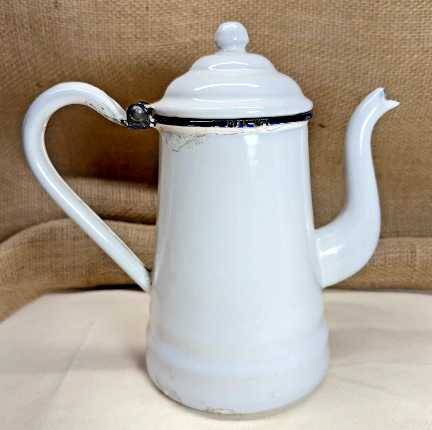 Vintage Enamel Coffee Tea Pot w Goose Neck Spout White w Blue Rim | eBay