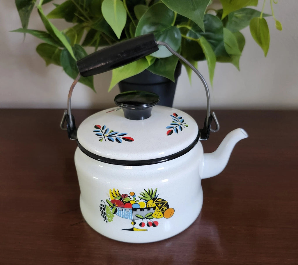 Vintage MCM Enamelware Tea Pot Fruit Design Teapot Tea Kettle | eBay