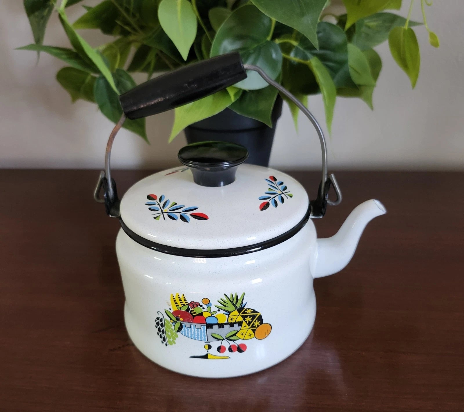 Vintage MCM Enamelware Tea Pot Fruit Design Teapot Tea Kettle | eBay