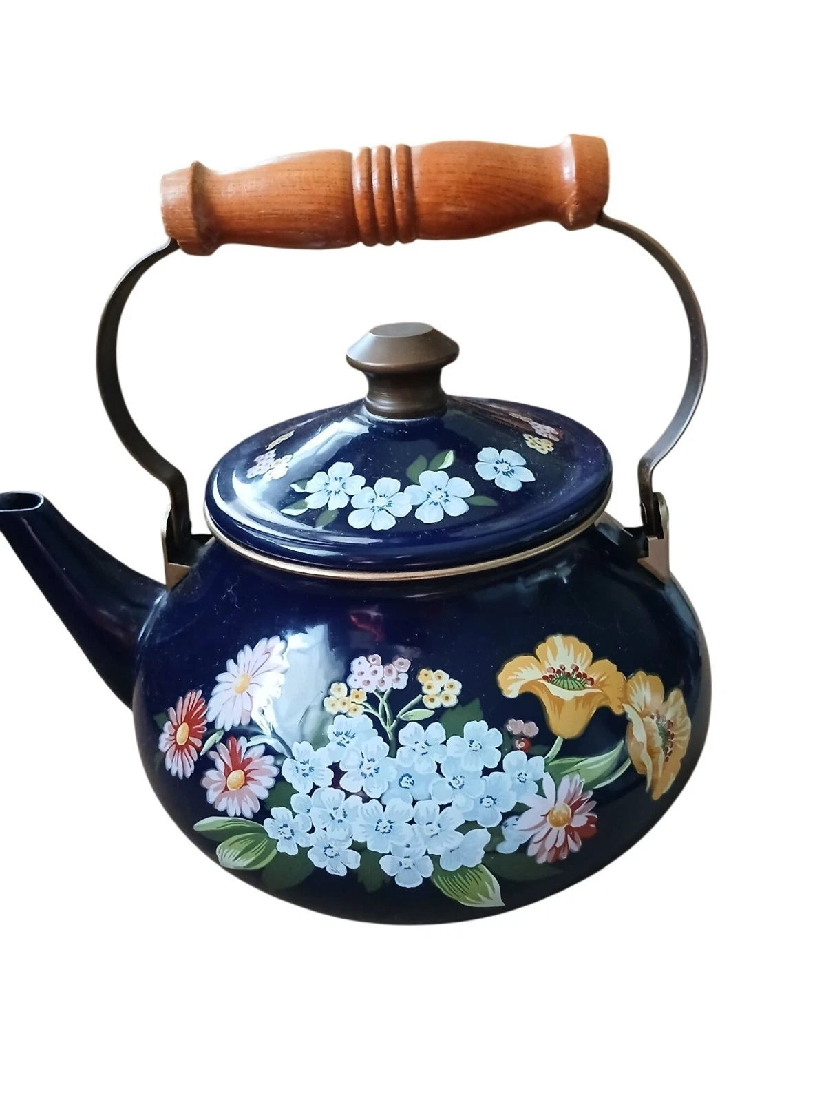 Vintage 80s Flower Garden Navy Blue Enamel Teapot Wooden Handle Cottage Kitchen | eBay