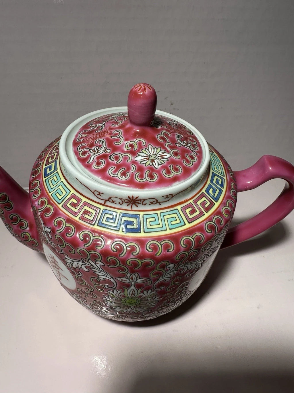 Red Famille Rose HP Enamel Porcelain 6” Chinese Longevity Mun Shou Teapot VTG | eBay