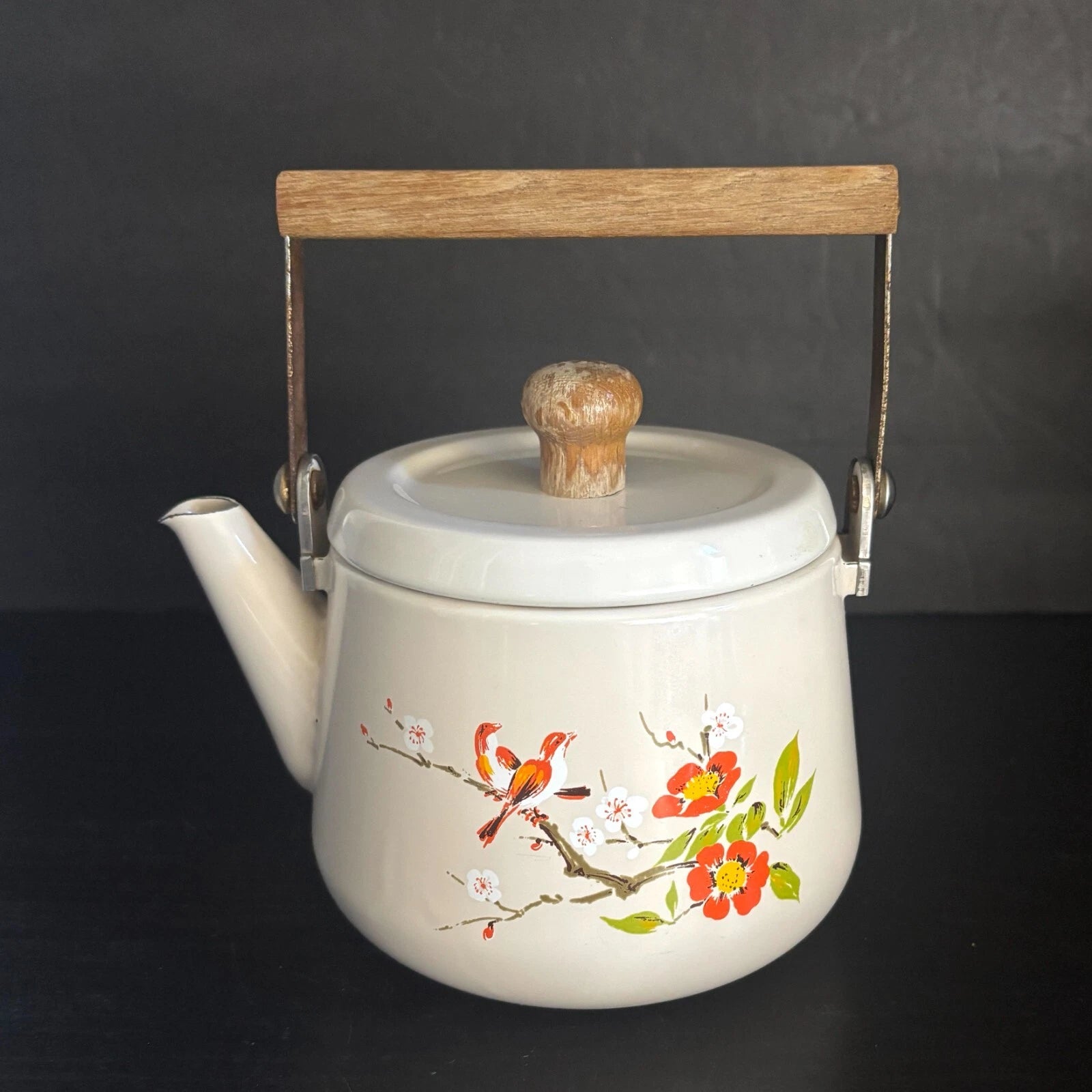 Vintage Enamel Tea Pot Kettle 5 Cup Birds Orange Floral Wood Handle & Knob | eBay