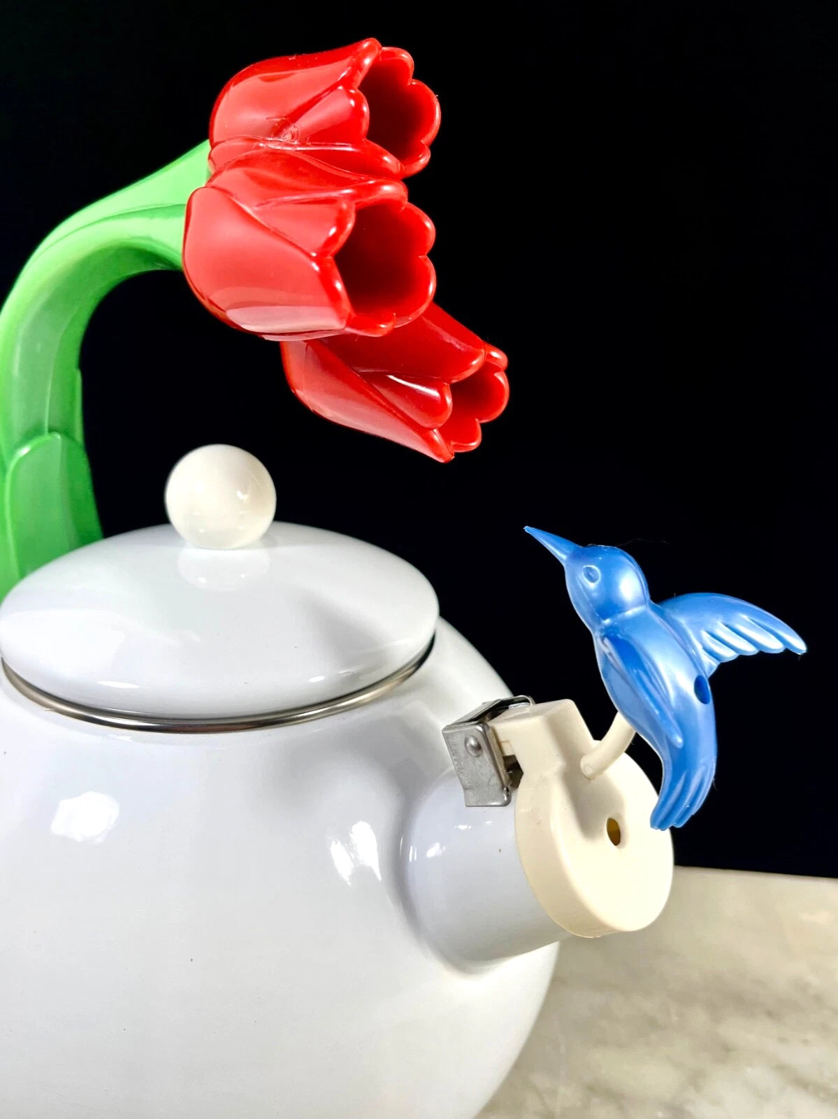 1990s Ancona Enamel Whistling Tea Pot Kettle Blue Hummingbird Red Tulips Vtg EUC | eBay