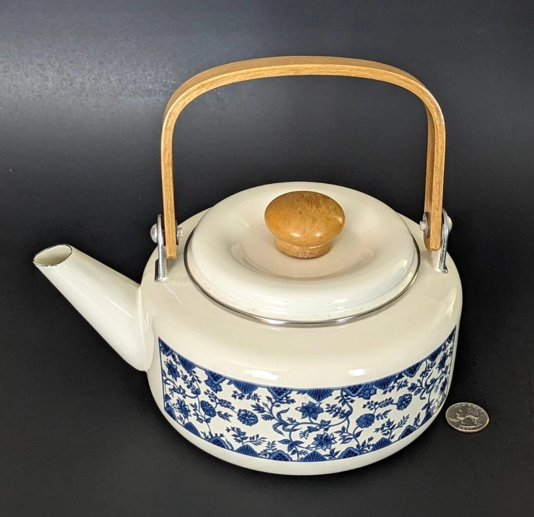 Charming White Enamel Ware Blue Flowers 9” w Spout Teapot Beautiful Excellent | eBay