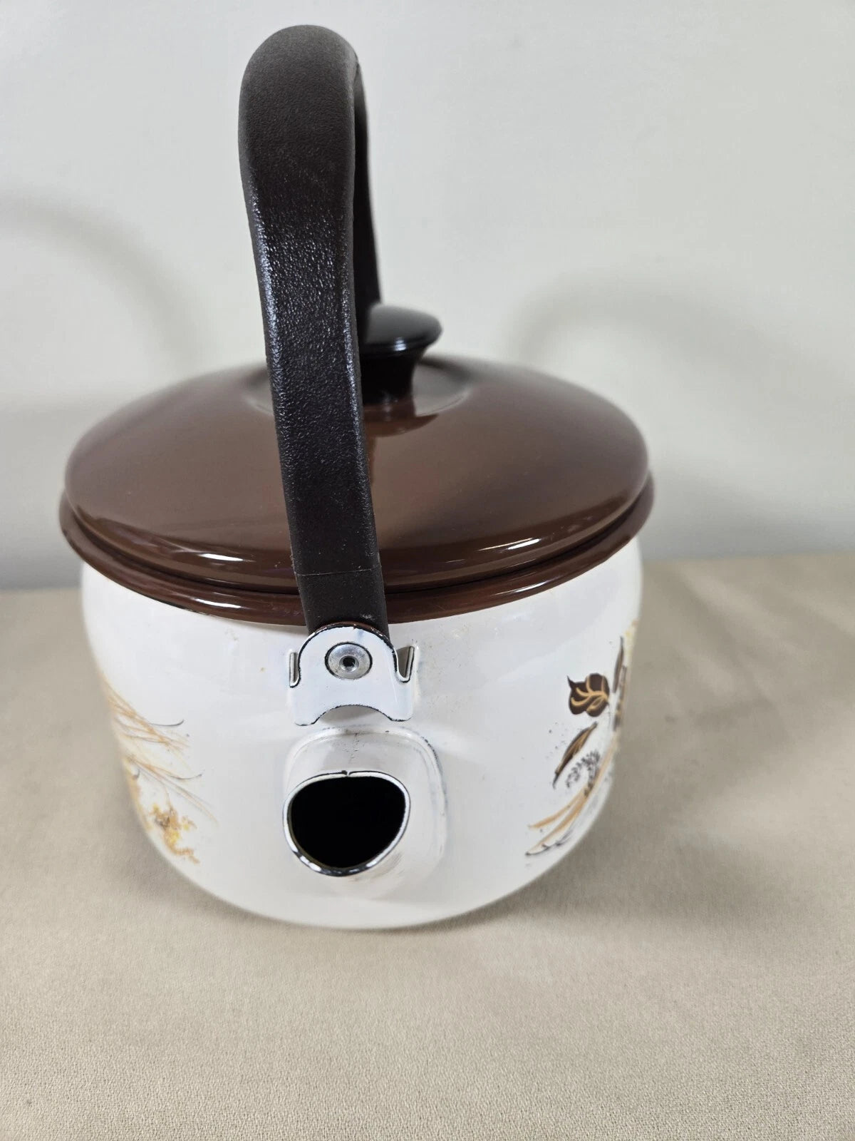 Vtg Retro Enamel Tea Pot Harvest Wheat Wood Handle In Used Condition | eBay