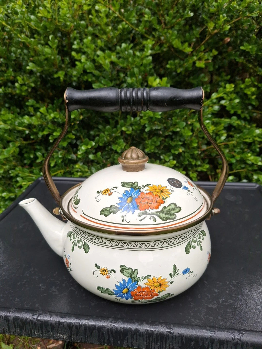 Vtg Enamel Ware Floral Teapot Kettle With Wooden Handle Normandy | eBay