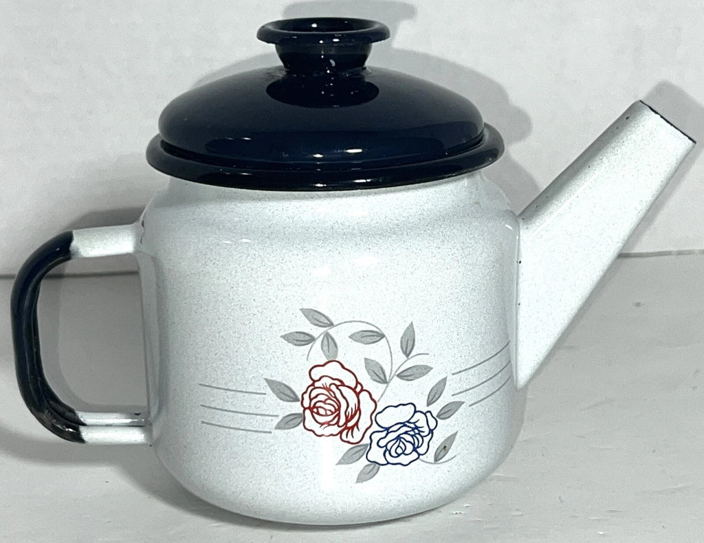 VTG Enamel Enamelware Rose Floral White Blue Metal Mini Small Tea Teapot Kettle | eBay