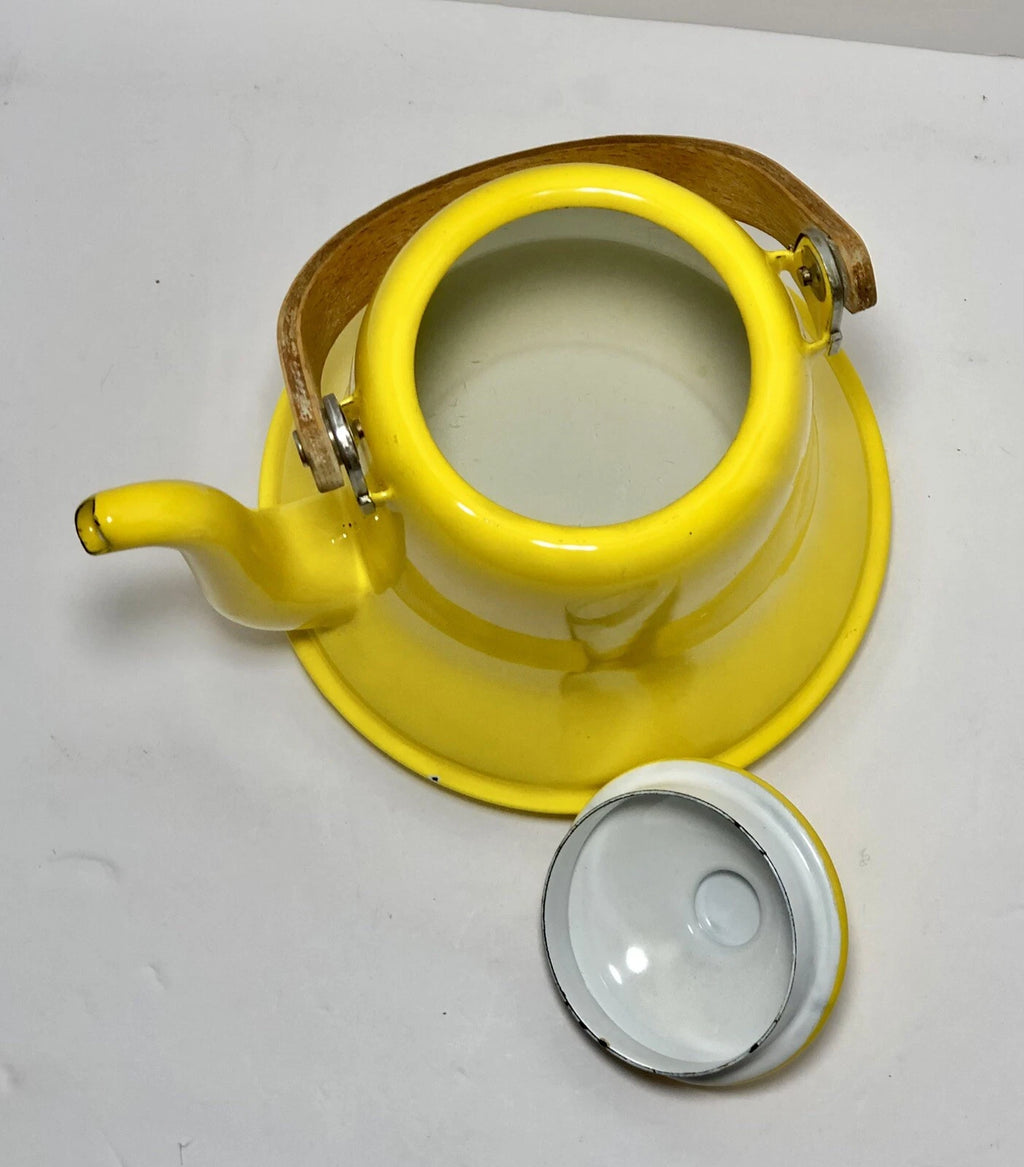 Vintage MCM Vibrant Yellow Enamel Tea Pot Teak Bent Wood Handle | eBay