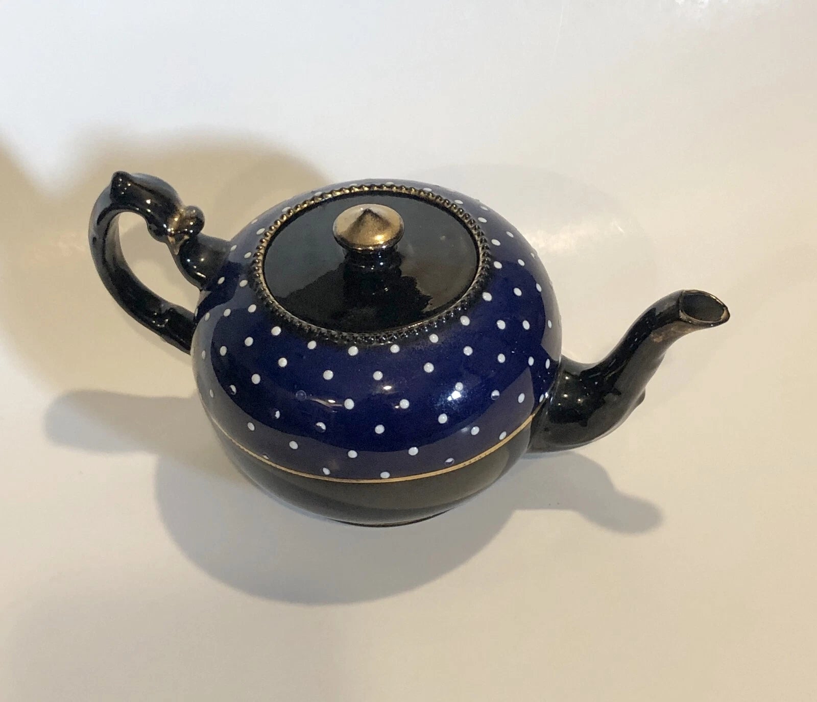 Vintage Teapot Cobalt Blue, Jet Black, White Enameled Dots with Gold Accents | eBay