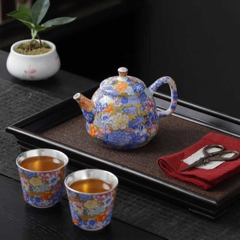 Enamel Craft Complete Tea Set Pure Silver Porcelain Gaiwan Tea Pot Cup Pitcher | eBay