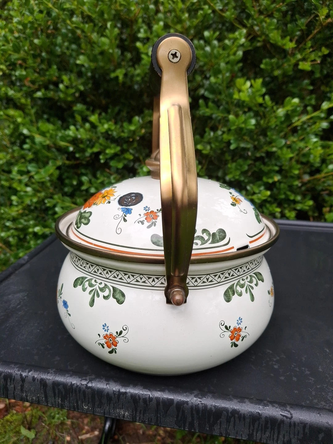 Vtg Enamel Ware Floral Teapot Kettle With Wooden Handle Normandy | eBay