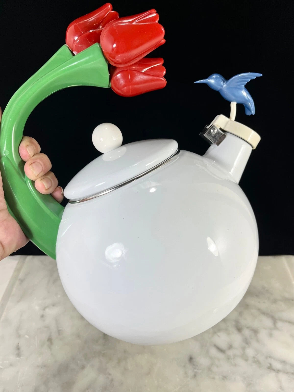 1990s Ancona Enamel Whistling Tea Pot Kettle Blue Hummingbird Red Tulips Vtg EUC | eBay