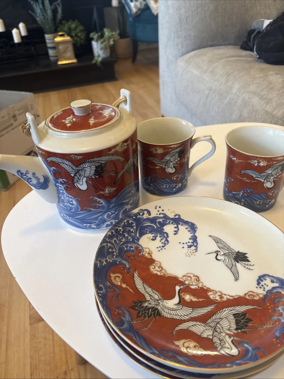 L Magnin Japan High Bridge Cranes Waves Teapot 2 Cups 4 Plates Enamel porcelain | eBay