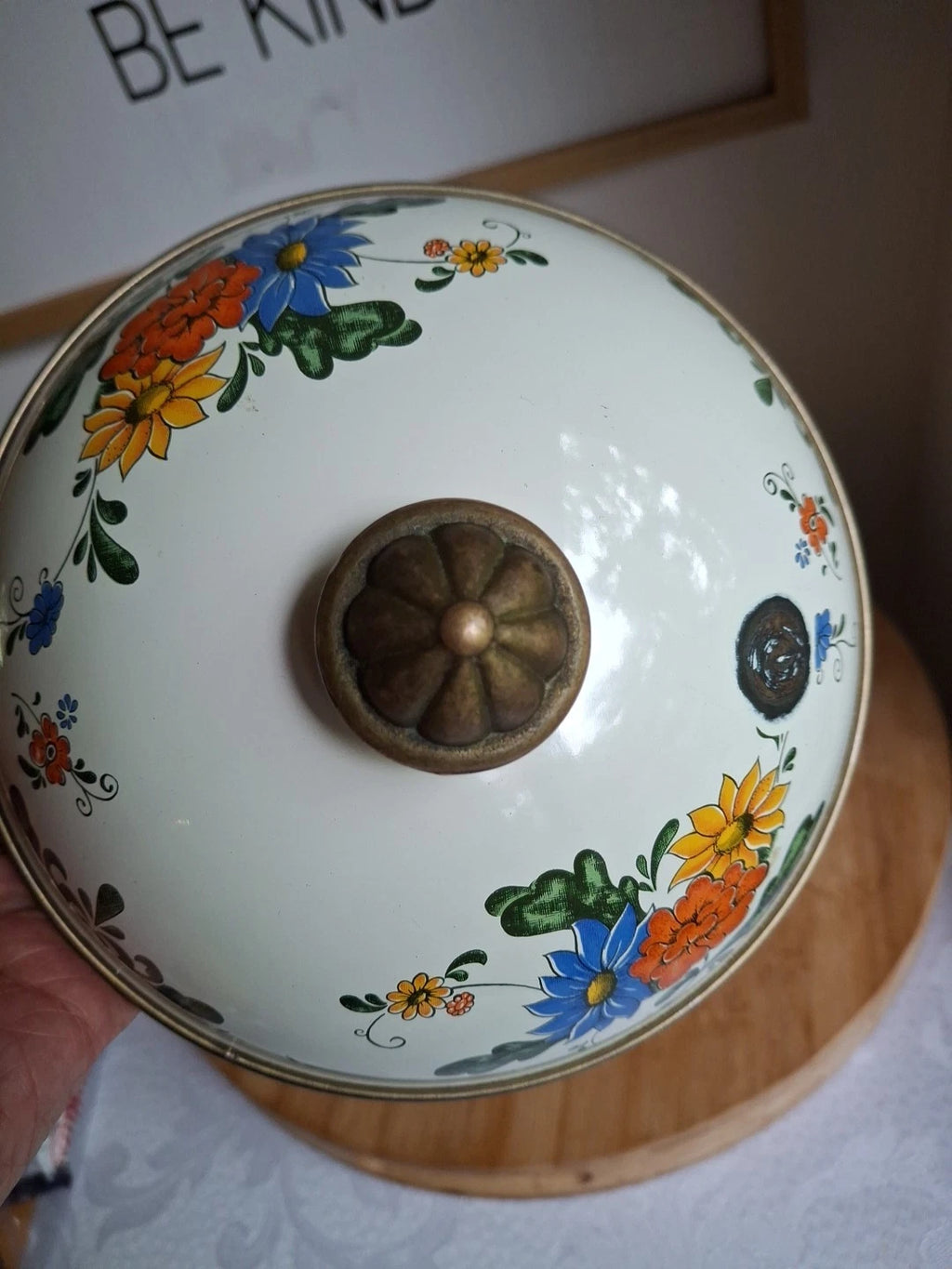 Vtg Enamel Ware Floral Teapot Kettle With Wooden Handle Normandy | eBay