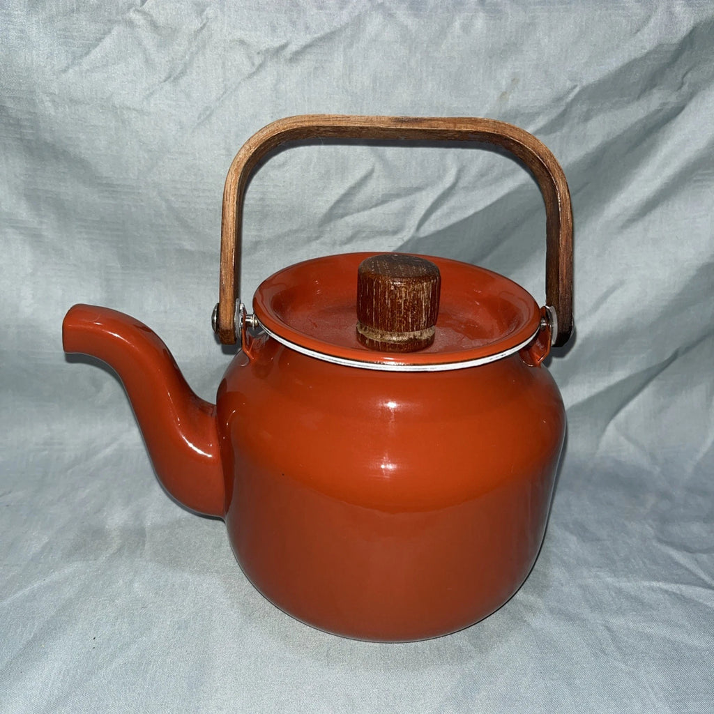 Vintage 4-Cup Enamel Tea Kettle Teapot - Red w/ Wood Handle & Lid - Retro Charm | eBay