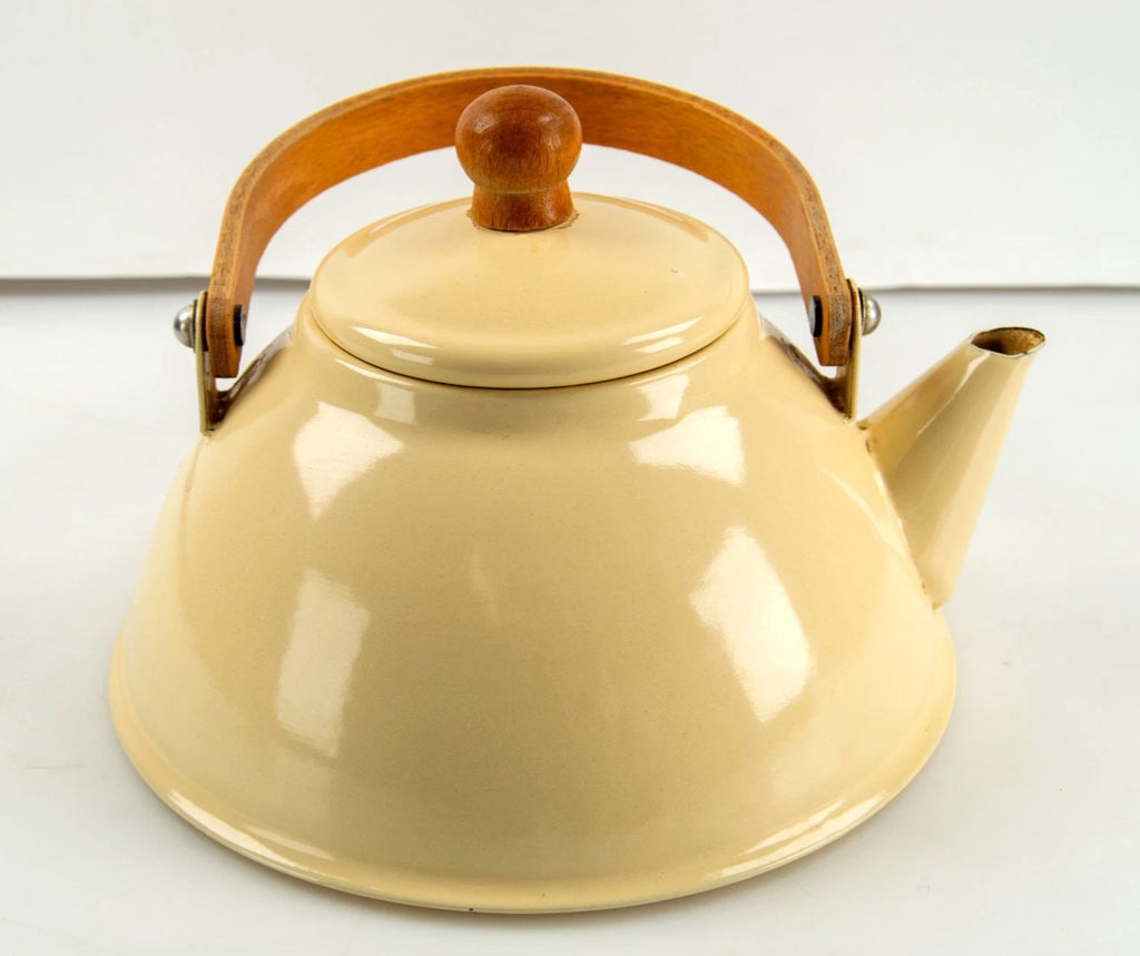 Vintage Cream Enamel Kettle Zen Teapot Wood Handle | eBay