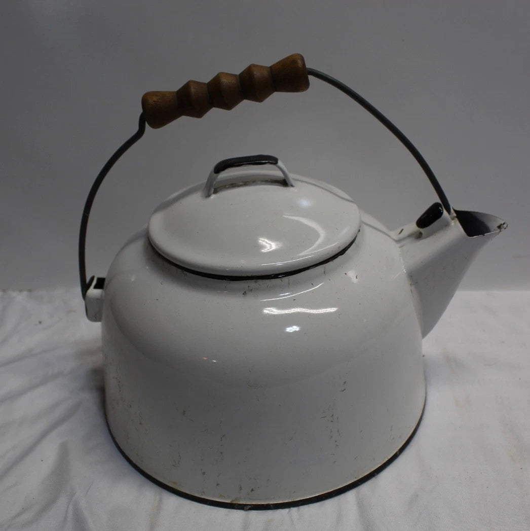 Vintage White Enamelware Tea Kettle Teapot/ Black Trim Farmhouse Decor Only | eBay