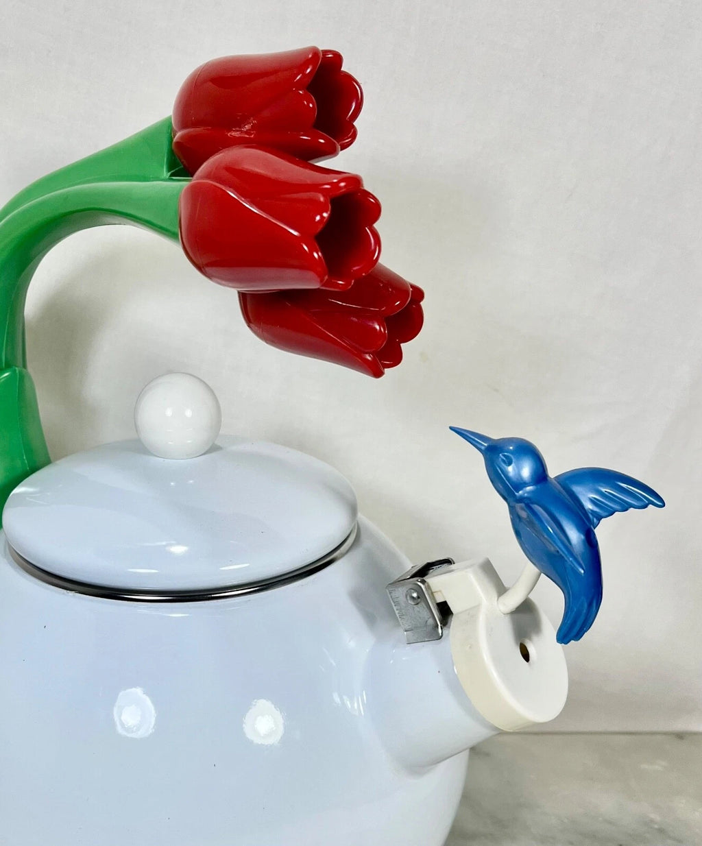 1990s Ancona Enamel Whistling Tea Pot Kettle Blue Hummingbird Red Tulips Vtg EUC | eBay