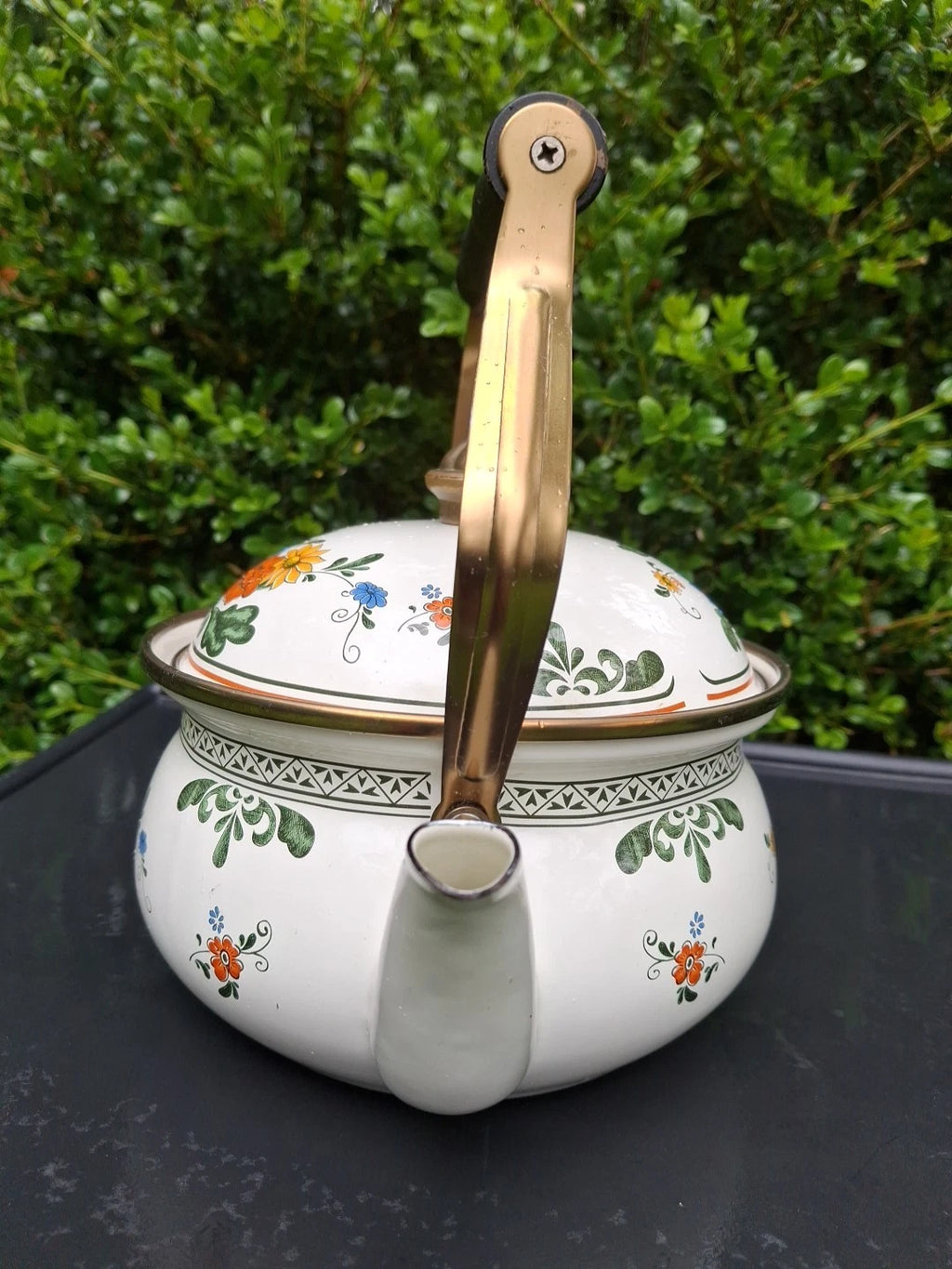 Vtg Enamel Ware Floral Teapot Kettle With Wooden Handle Normandy | eBay