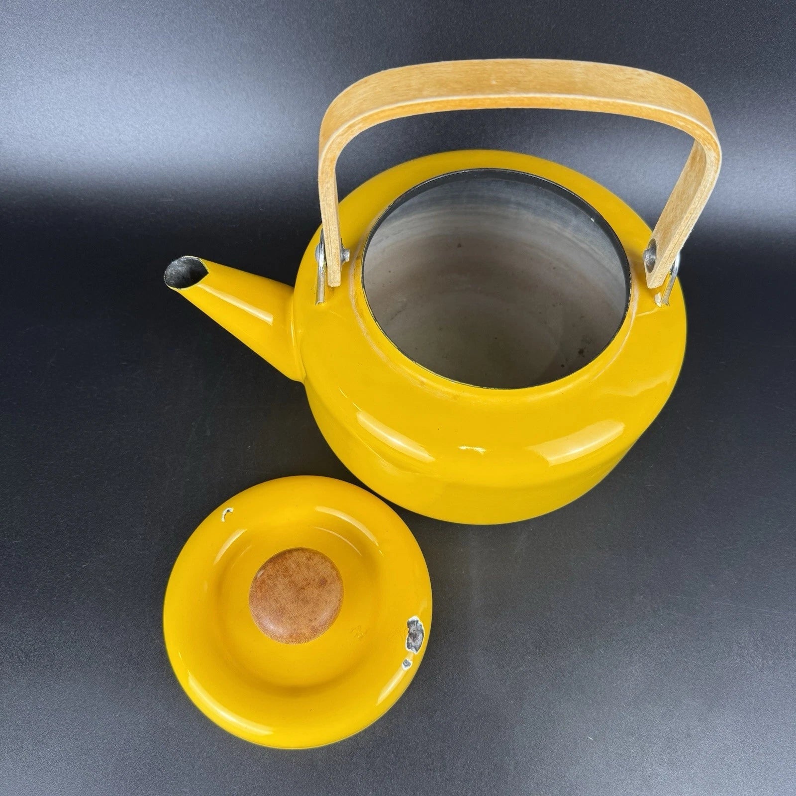 Vintage Yellow Enamel Teapot Tea Kettle MCM Wood Handle | eBay
