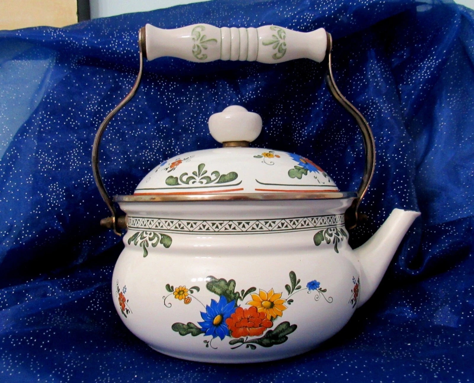 Vtg Enamel Teapot 1980s Porcelain Floral Kettle Tea Pot Farmhouse Ceramic Handle | eBay