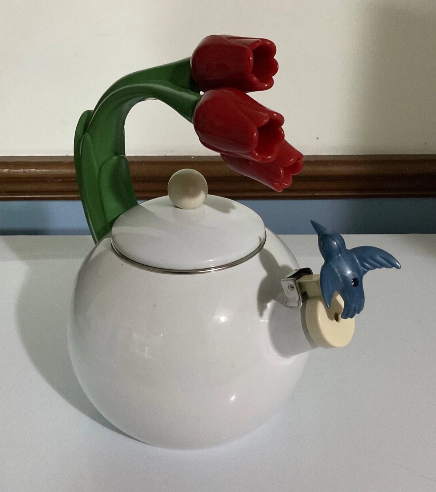 90s Ancona Hummingbird & Tulips White Enamelware Kettle Teapot. Beautiful! | eBay