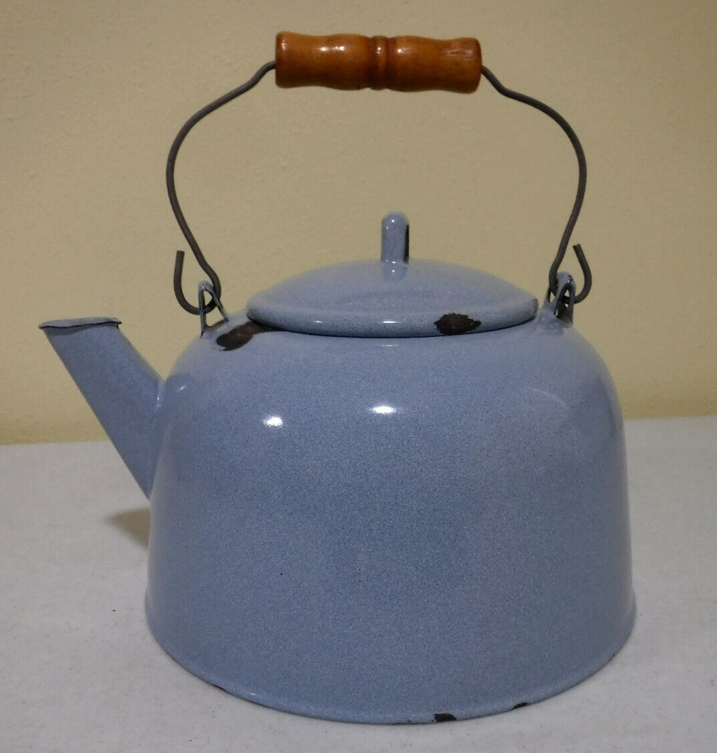 Vintage Enamel Light Blue Speckled Teapot with Wood Handle | eBay