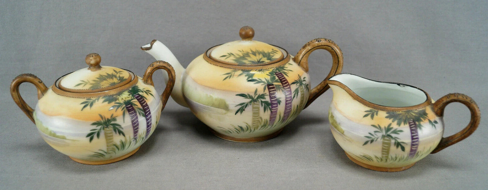 Nippon Hand Painted Landscape Scene Palm Trees Enamel Teapot Creamer & Sugar | eBay