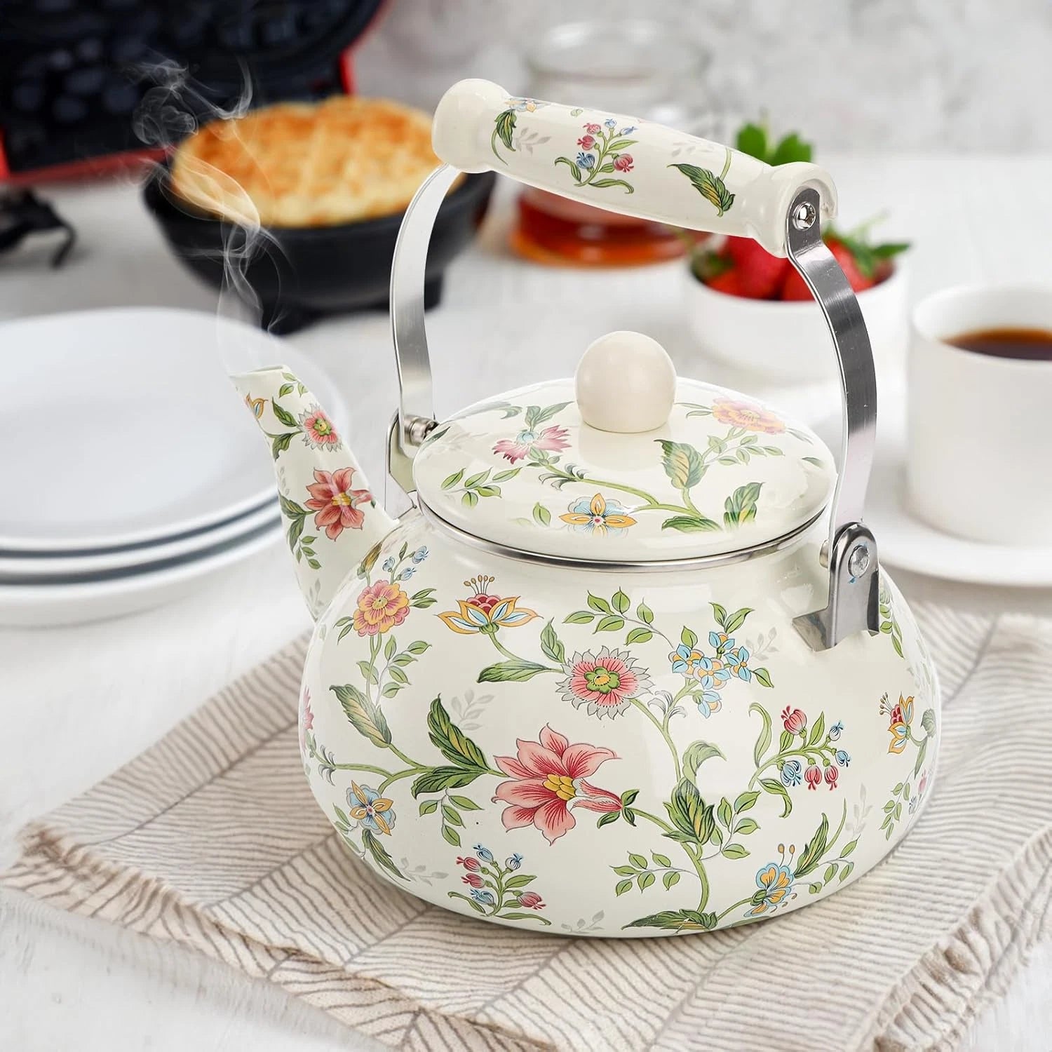 2.6 Quart Vintage Enamel Tea Kettle Green Floral Enamel on Steel Teapot with ... | eBay