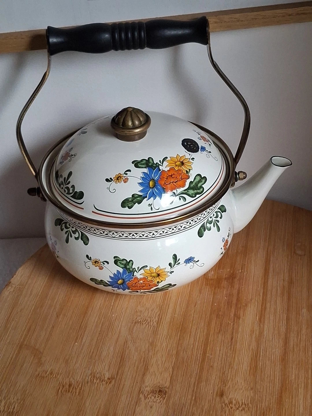 Vtg Enamel Ware Floral Teapot Kettle With Wooden Handle Normandy | eBay