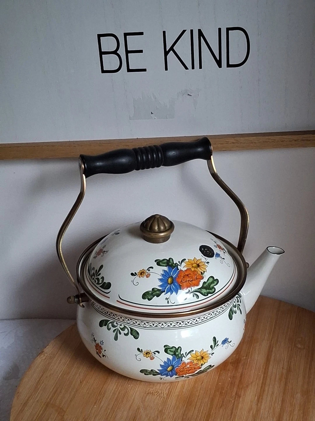 Vtg Enamel Ware Floral Teapot Kettle With Wooden Handle Normandy | eBay
