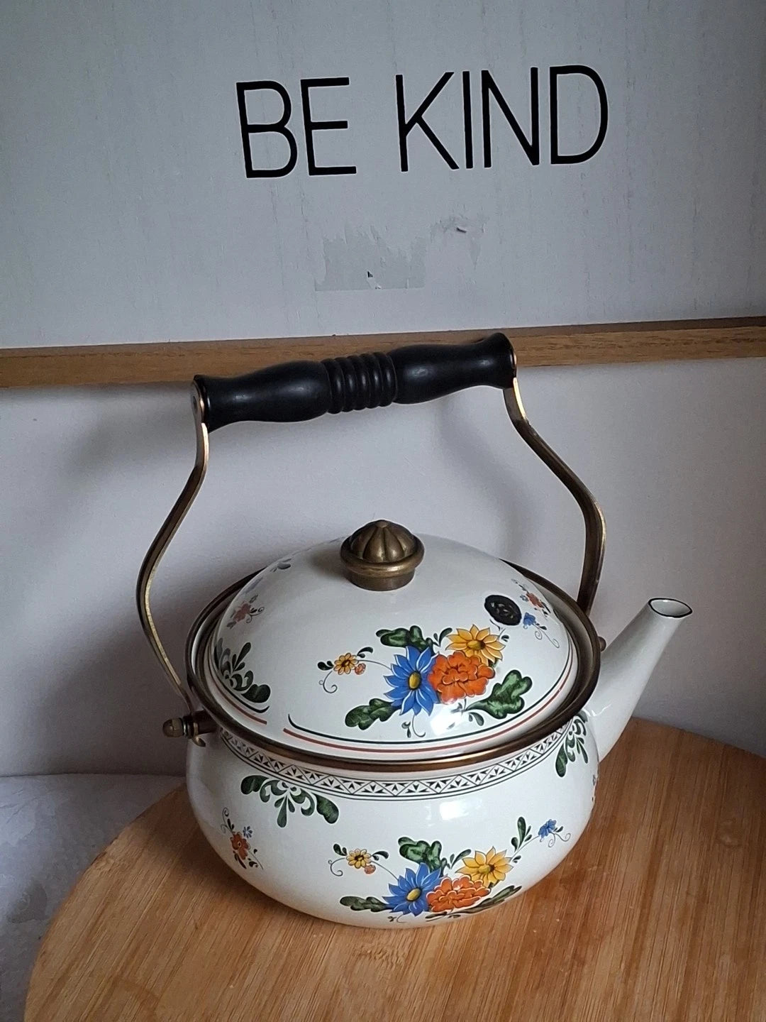 Vtg Enamel Ware Floral Teapot Kettle With Wooden Handle Normandy | eBay