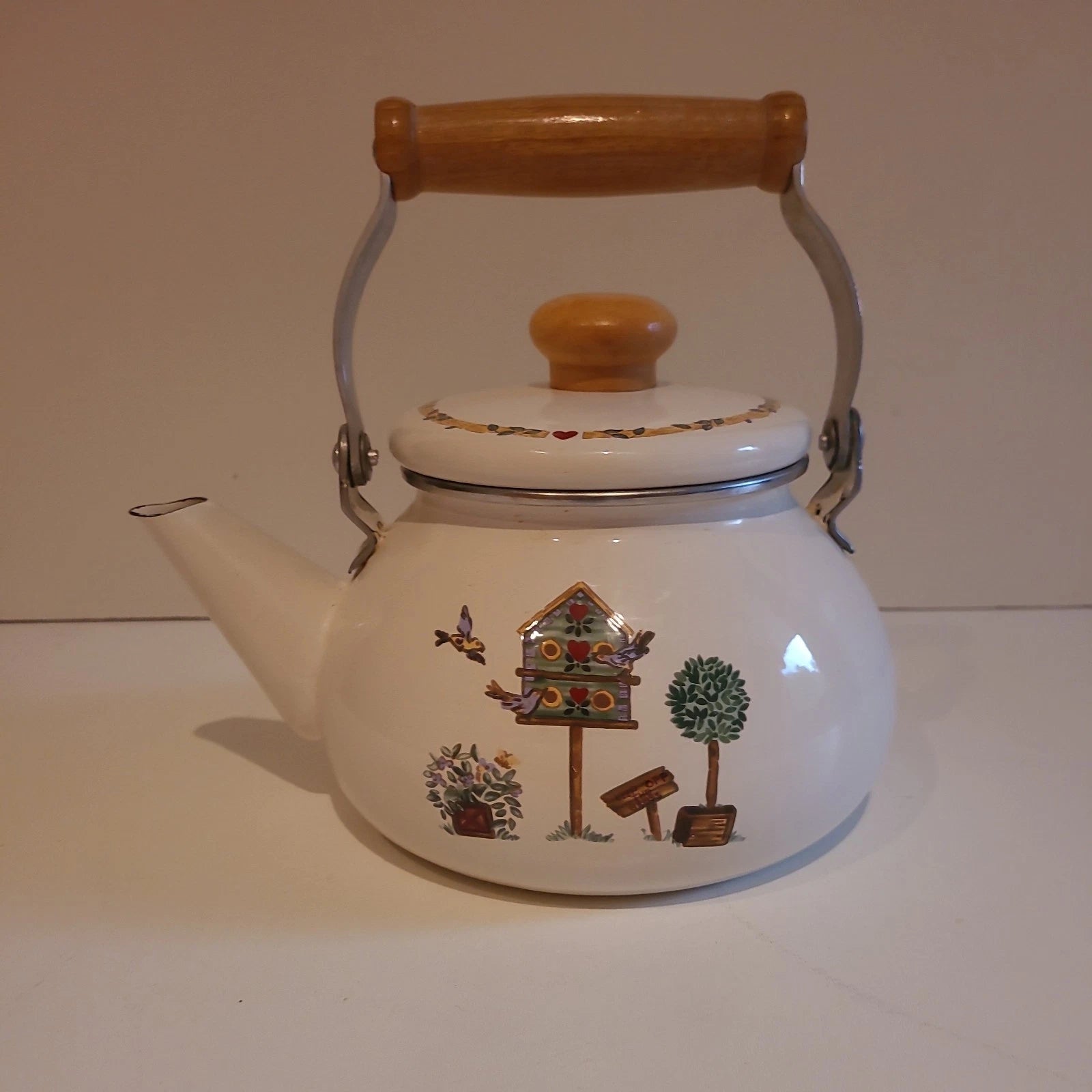 Vintage 90s Thomson Enamel Tea Pot Kettle Bird House Wood Handle & Knob 2.5 Qts | eBay