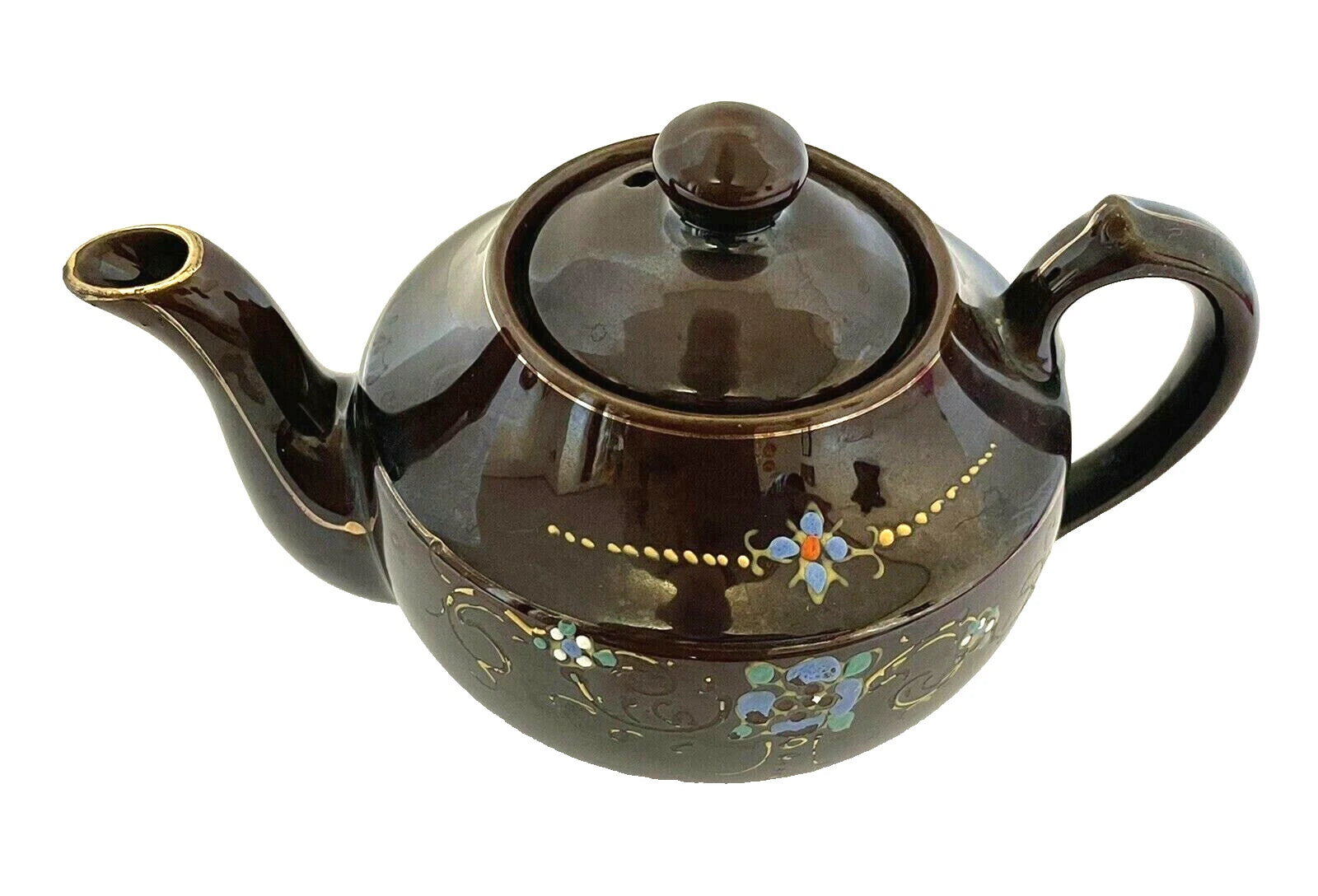 Redware Small Teapot Gold Trim Hand Painted Enamel Flowers Vintage Japan | eBay