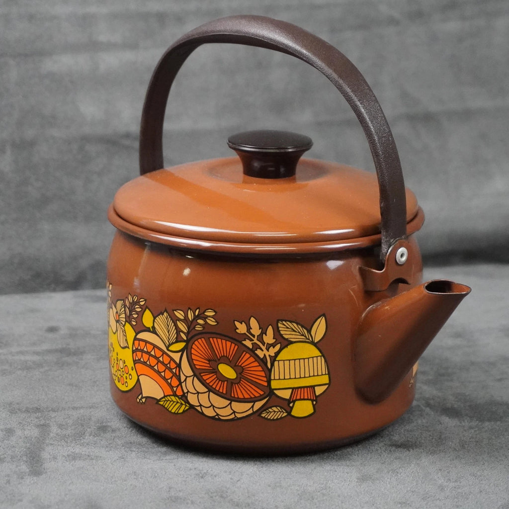 Vintage Brown Enamel Teapot Mushroom Floral Design Metal Handle Retro Kettle 70s | eBay