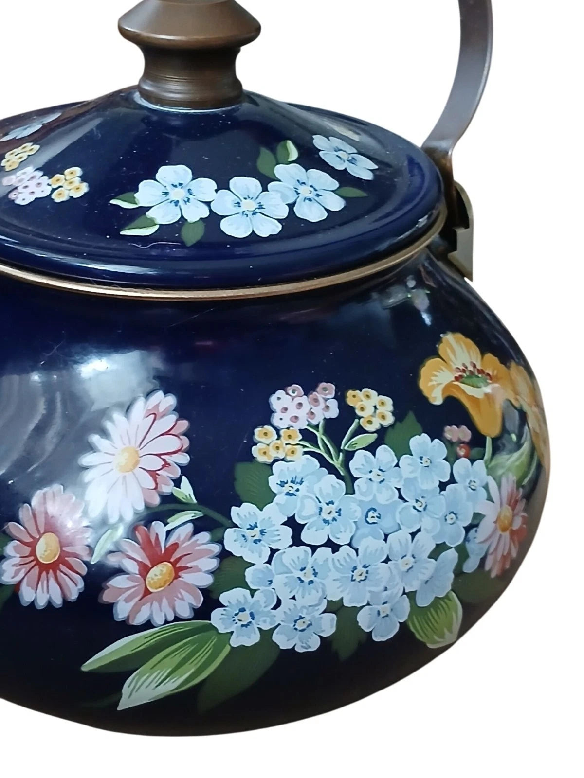 Vintage 80s Flower Garden Navy Blue Enamel Teapot Wooden Handle Cottage Kitchen | eBay