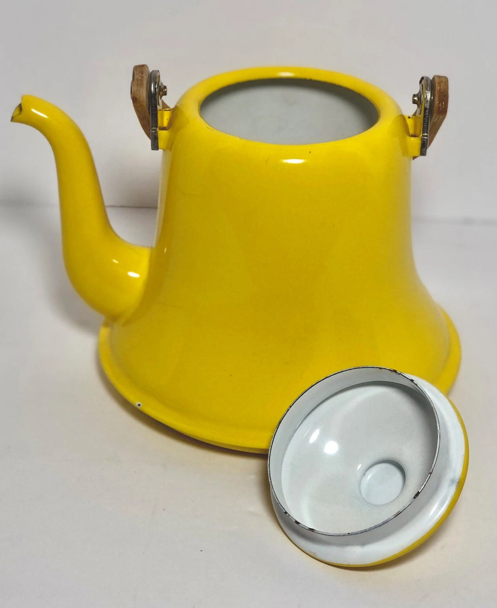 Vintage MCM Vibrant Yellow Enamel Tea Pot Teak Bent Wood Handle | eBay