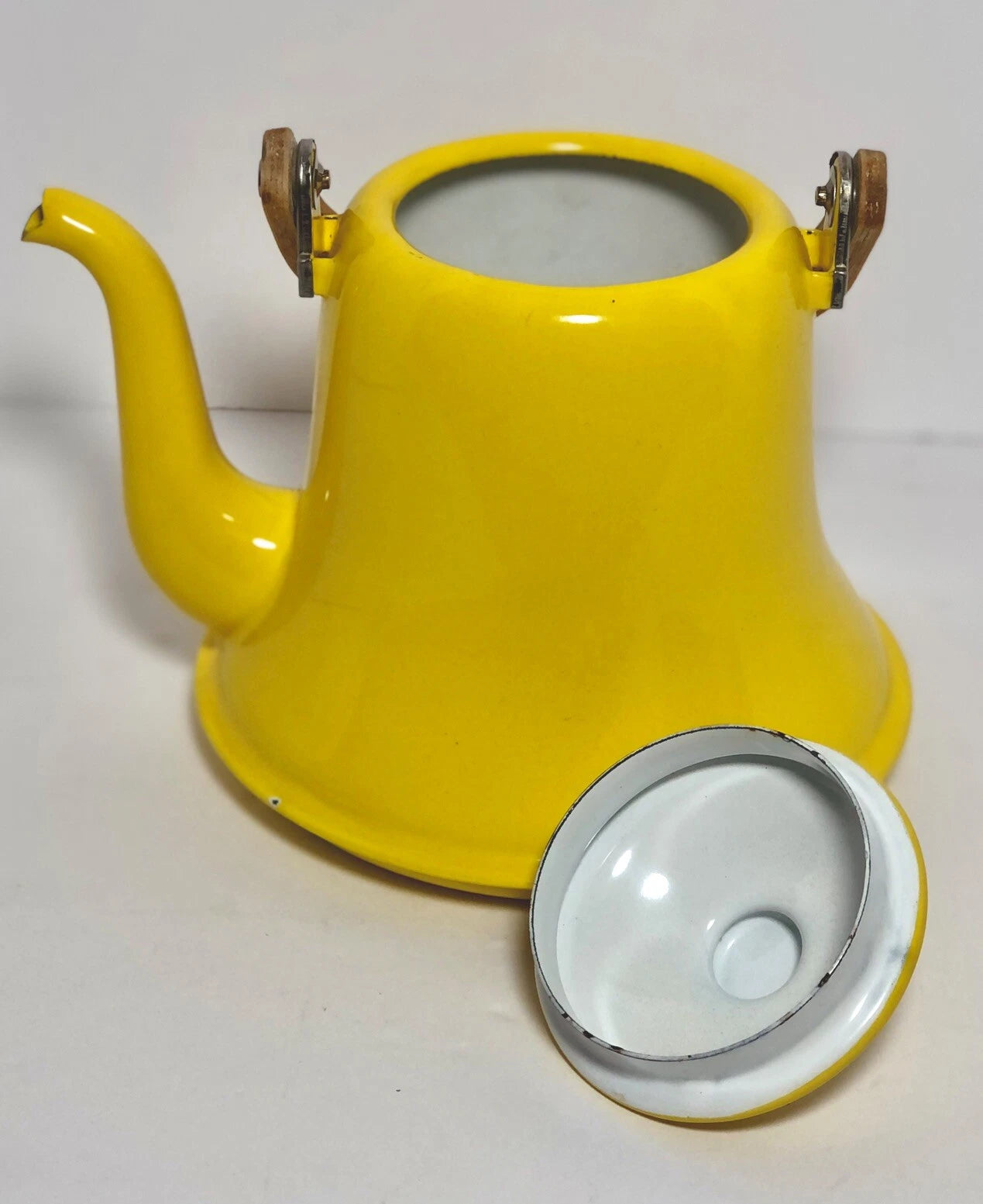 Vintage MCM Vibrant Yellow Enamel Tea Pot Teak Bent Wood Handle | eBay
