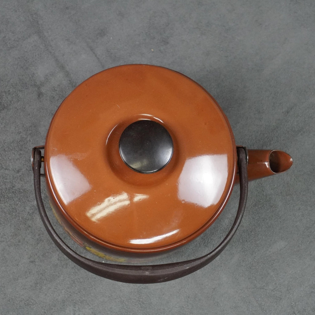 Vintage Brown Enamel Teapot Mushroom Floral Design Metal Handle Retro Kettle 70s | eBay