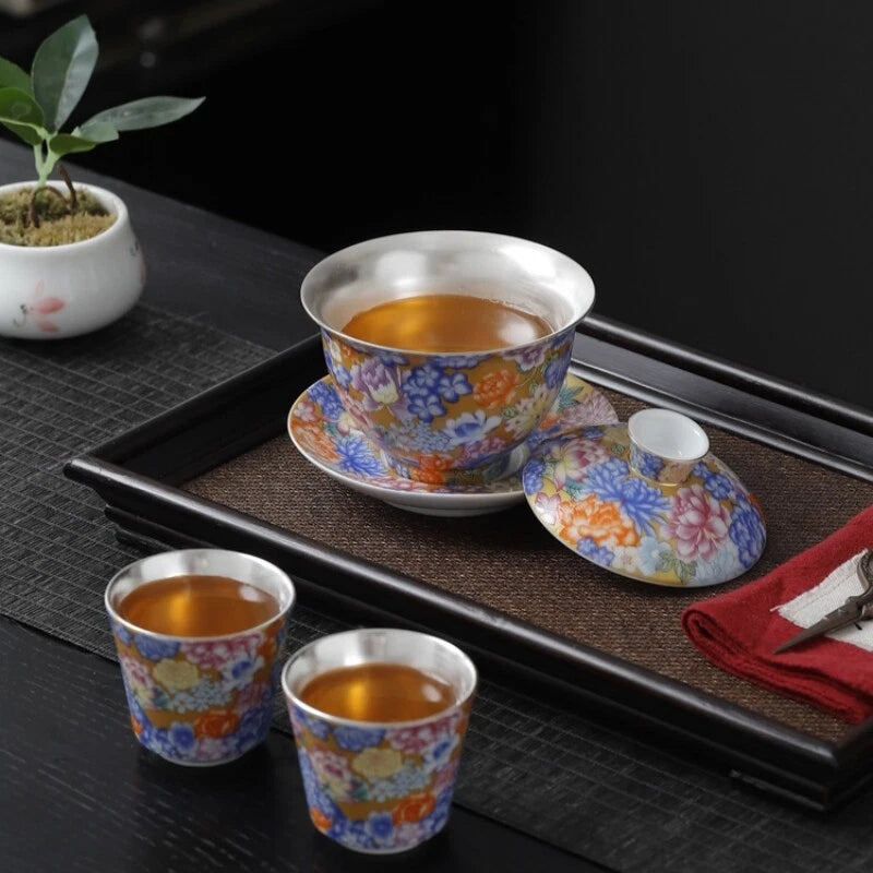 Enamel Craft Complete Tea Set Pure Silver Porcelain Gaiwan Tea Pot Cup Pitcher | eBay